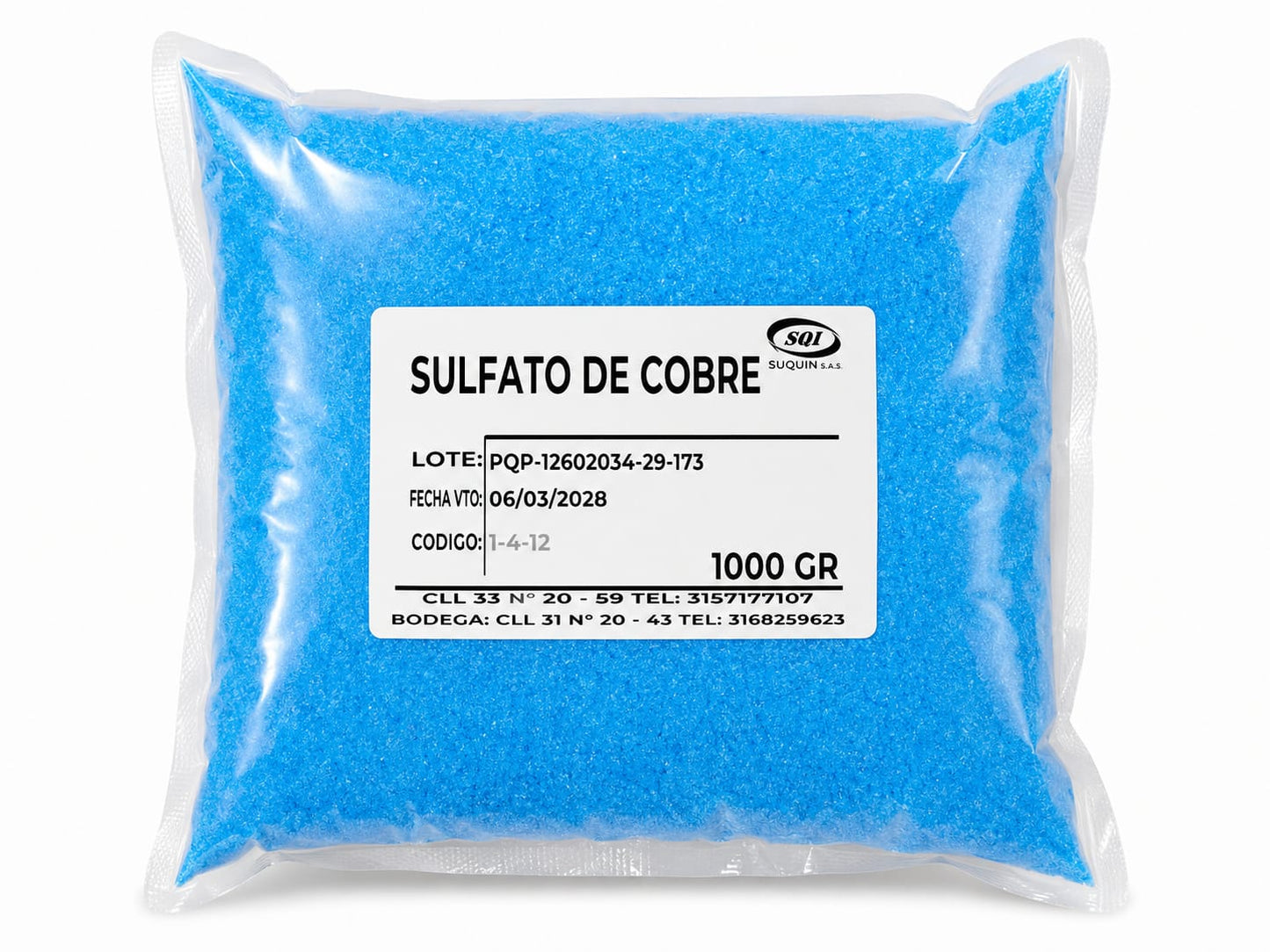 Sulfato de Cobre Pentahidratado de alta calidad, materia prima química para aplicaciones industriales, laboratorio y tratamiento de aguas.
