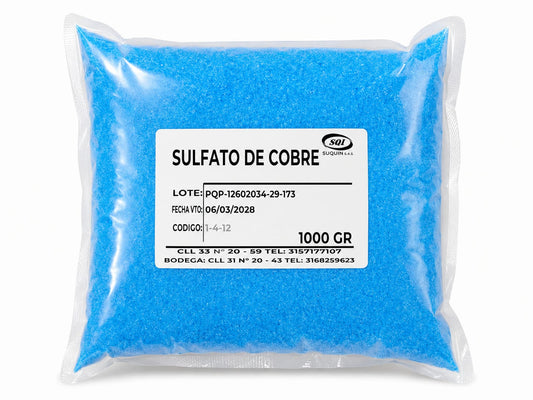 Sulfato de Cobre Pentahidratado de alta calidad, materia prima química para aplicaciones industriales, laboratorio y tratamiento de aguas.
