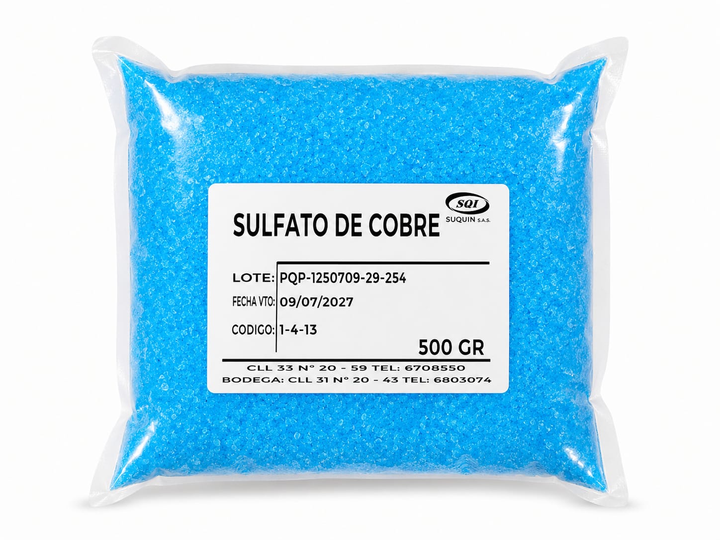 Sulfato de Cobre Pentahidratado de alta calidad, materia prima química para aplicaciones industriales, laboratorio y tratamiento de aguas.
