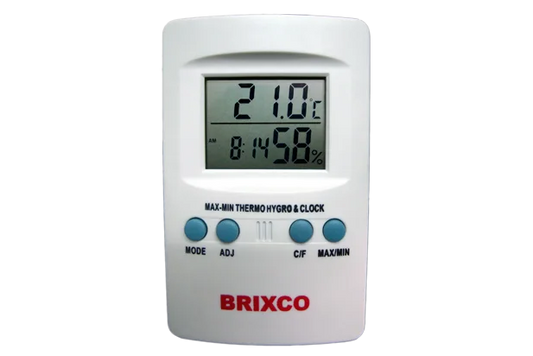 Termohigrómetro digital con reloj para medir temperatura y humedad ambiental en laboratorios, oficinas y áreas de almacenamiento.
