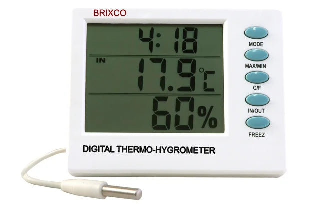 termohigrómetro BRIXCO con sonda externa 3 m, triple pantalla, alarma de congelación y memoria Máx/Mín. Preciso