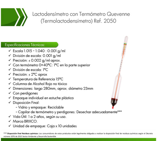 Lactodensímetro con termómetro para medir densidad y temperatura de la leche en laboratorios e industria láctea.

