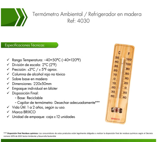 Termómetro ambiental con base de madera para controlar la temperatura en refrigeradores, congeladores y áreas de almacenamiento.

