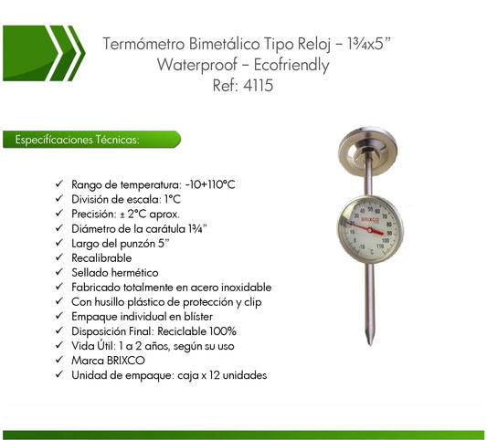 Termómetro bimetálico para la medición precisa de temperatura en laboratorios, procesos industriales y aplicaciones alimentarias.
