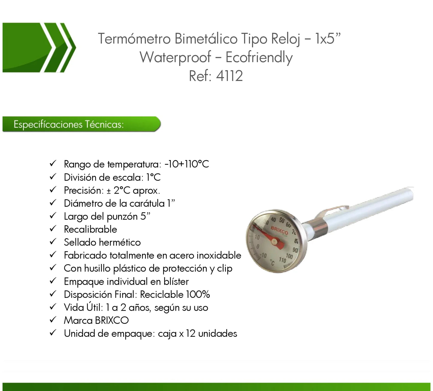 Termómetro bimetálico para la medición precisa de temperatura en laboratorios, procesos industriales y aplicaciones alimentarias.
