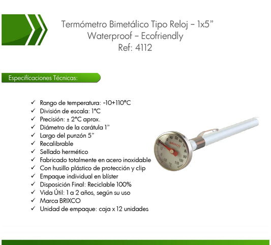 Termómetro bimetálico para la medición precisa de temperatura en laboratorios, procesos industriales y aplicaciones alimentarias.
