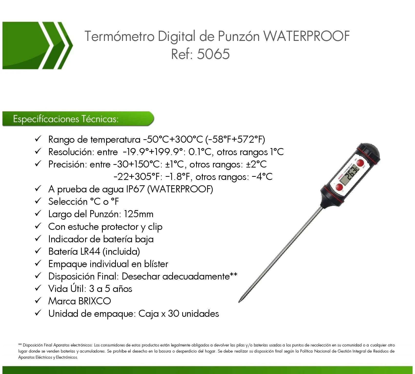 Termómetro digital de punzón resistente al agua con rango de -50 a +300 °C para laboratorio, alimentos y procesos industriales.
