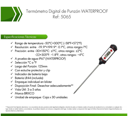 Termómetro digital de punzón resistente al agua con rango de -50 a +300 °C para laboratorio, alimentos y procesos industriales.
