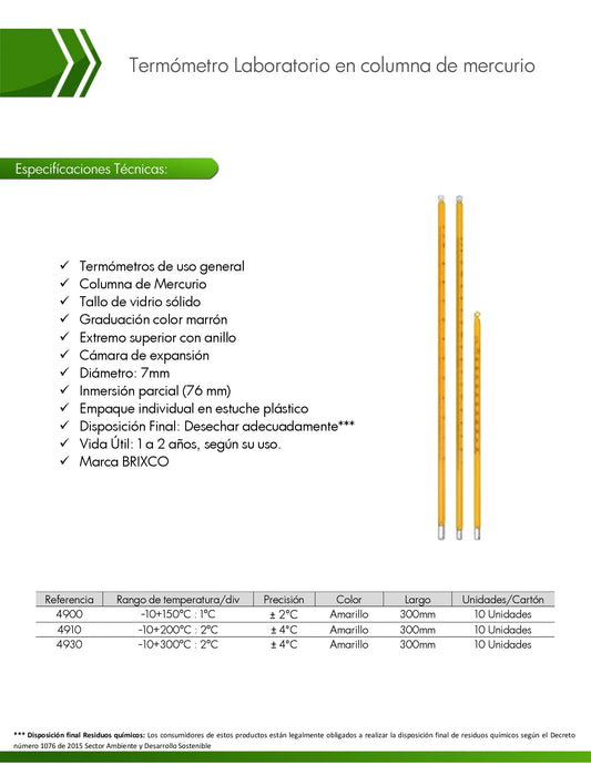 Termómetro de columna de mercurio Ref. 4930 para la medición precisa de temperatura en laboratorios y procesos industriales.
