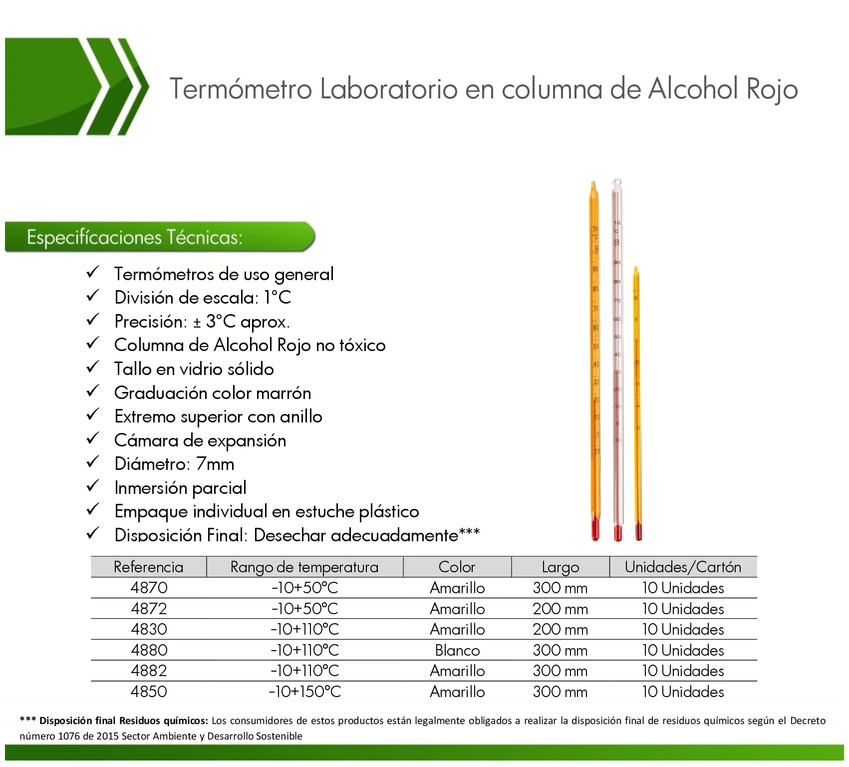 Termómetro de columna de alcohol rojo Ref. 4880 para la medición precisa de temperatura en laboratorios y procesos industriales.
