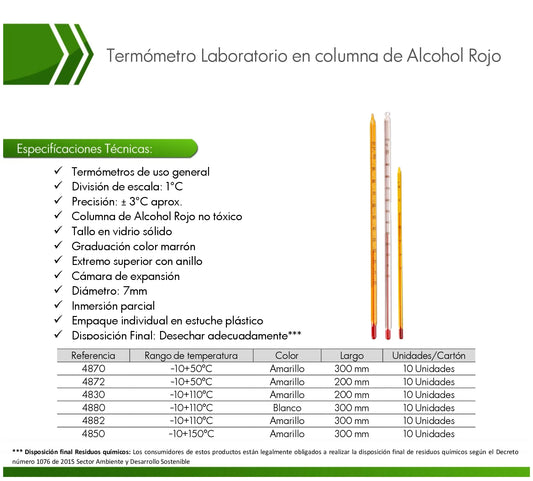 Termómetro de columna de alcohol rojo Ref. 4880 para la medición precisa de temperatura en laboratorios y procesos industriales.

