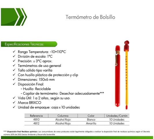 Termómetro de uso general tipo bolsillo Ref. 4812 para la medición de temperatura en laboratorios, alimentos y procesos industriales.
