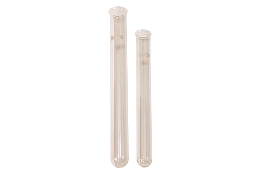 Tubo de ensayo de vidrio borosilicato 3.3, ideal para ensayos, calentamiento y manejo de muestras en laboratorio.
