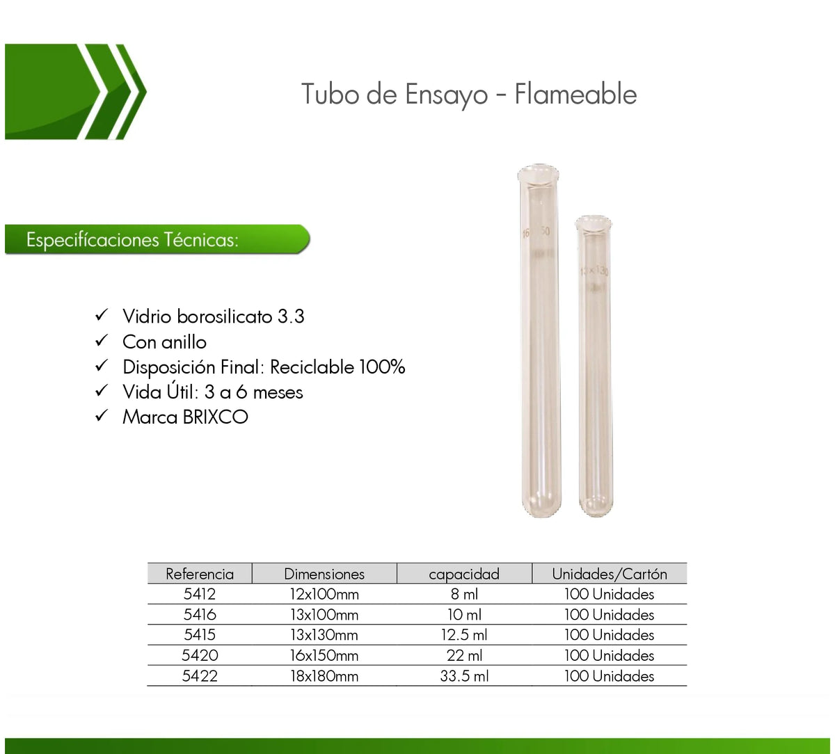 Tubo de ensayo de vidrio borosilicato 3.3, ideal para ensayos, calentamiento y manejo de muestras en laboratorio.

