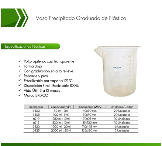 Vaso precipitado graduado en polipropileno, ideal para medir, mezclar y preparar soluciones en laboratorios.
