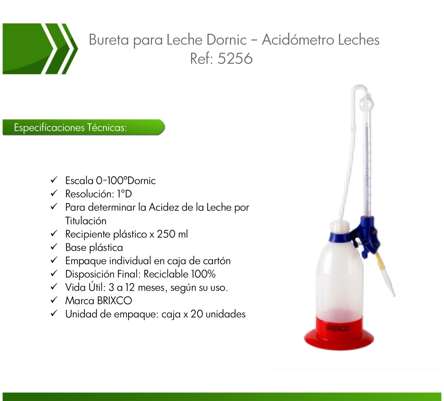 Acidómetro Leches Ref 5256 Bureta para Leche 0°~100° Dornic