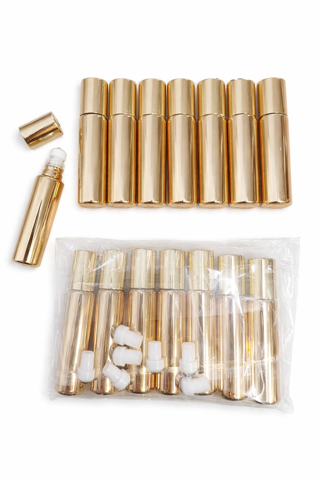 Rollon dorado de 10 ml, paquete por 8 unidades, ideal para perfumes, aceites esenciales, sérums y productos cosméticos.
