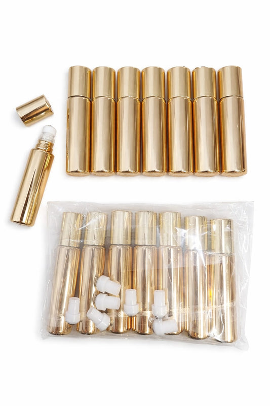 Rollon dorado de 10 ml, paquete por 8 unidades, ideal para perfumes, aceites esenciales, sérums y productos cosméticos.
