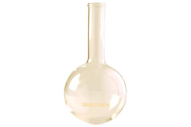 alón de fondo redondo de vidrio borosilicato 3.3, cuello largo, material de laboratorio reciclable.