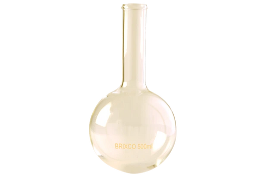 alón de fondo redondo de vidrio borosilicato 3.3, cuello largo, material de laboratorio reciclable.
