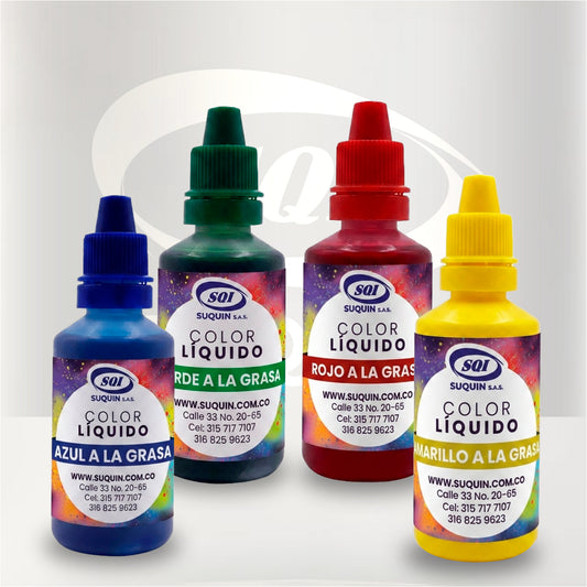 Colores líquidos a la grasa de alta concentración, ideales para dar color uniforme a productos con base oleosa y grasa.