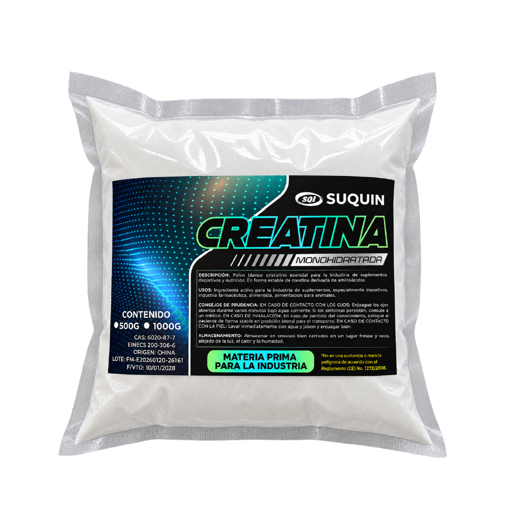 Suplemento alimenticio especialmente deportivos, industria farmacéutica, alimenticia,
alimentación para animales. Los suplementos a base de monohidrato de creatina, además de incrementar la fuerza y la potencia, favorecen el desarrollo muscular. Esto se consigue gracias a que la creatina aumenta el volumen celular gracias a una mayor retención de agua intracelular, contribuyendo a mantener la hidratación y favoreciendo la síntesis de proteínas.