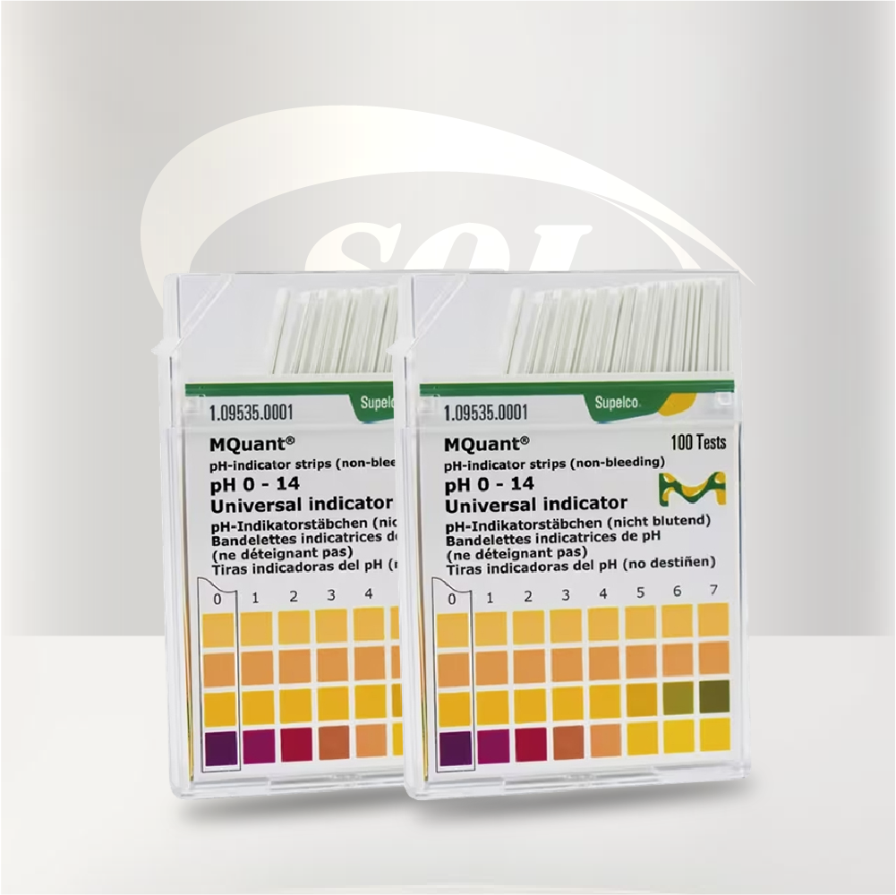 Tiras indicadoras de pH 0–14 Merck, ideales para la medición rápida y precisa del pH en soluciones acuosas y muestras de laboratorio.