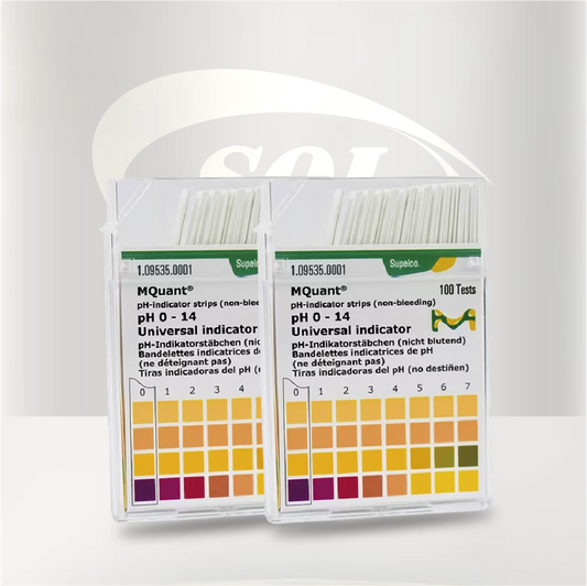 Tiras indicadoras de pH 0–14 Merck, ideales para la medición rápida y precisa del pH en soluciones acuosas y muestras de laboratorio.