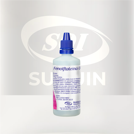 Fenolftaleína 0.1% CAS 77-09-8, indicador de pH para titulaciones y análisis químicos de laboratorio.