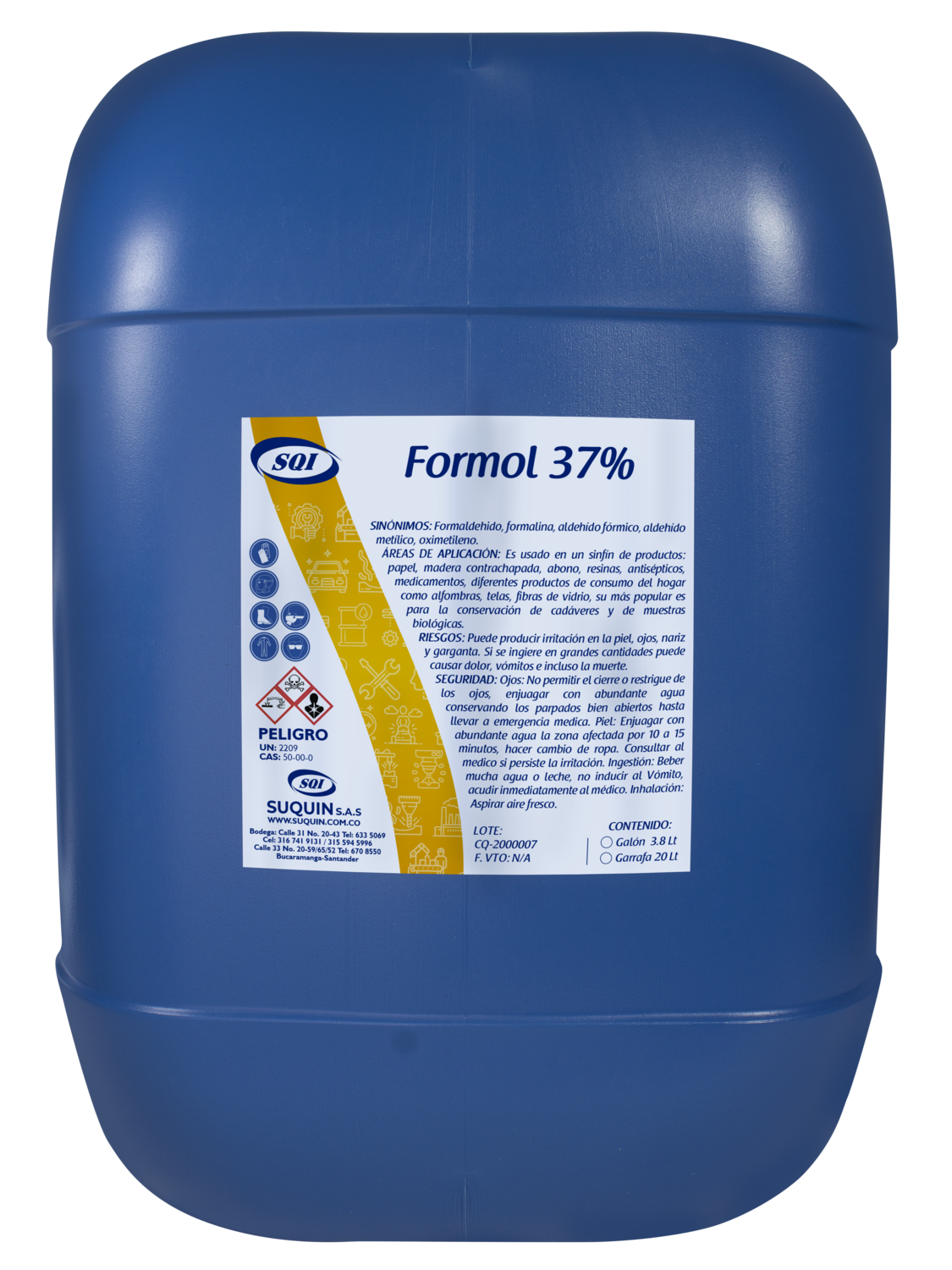 Formol 37%, también conocido como formalina, es una solución acuosa de formaldehído al 37%, utilizada ampliamente como desinfectante, conservante y agente fijador en las industrias química, farmacéutica, cosmética, textil, agrícola y de laboratorios. 