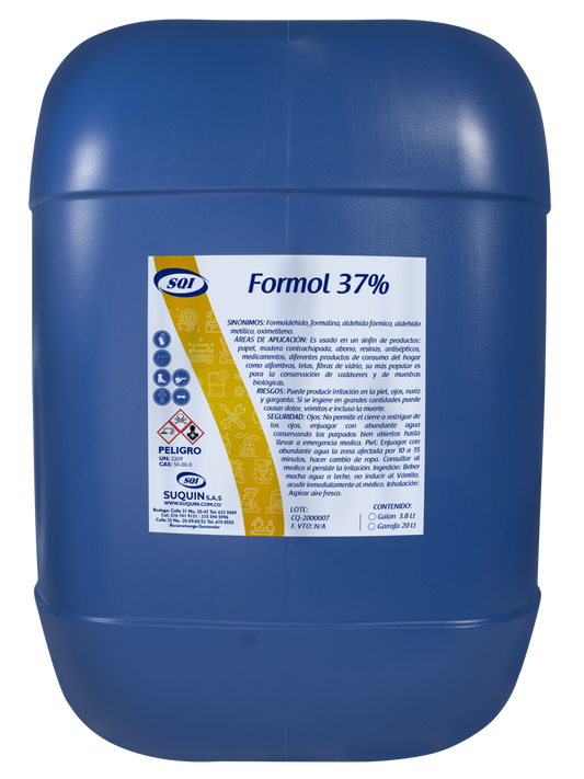 Formol 37%, también conocido como formalina, es una solución acuosa de formaldehído al 37%, utilizada ampliamente como desinfectante, conservante y agente fijador en las industrias química, farmacéutica, cosmética, textil, agrícola y de laboratorios. 