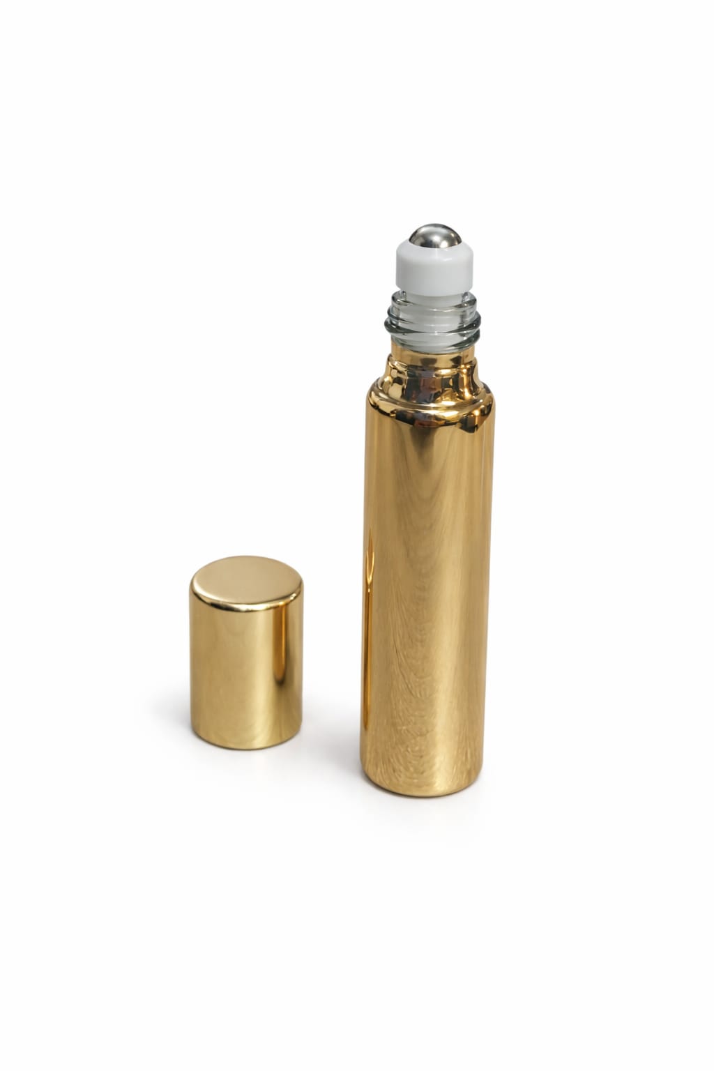 Rollon dorado de 10 ml, paquete por 8 unidades, ideal para perfumes, aceites esenciales, sérums y productos cosméticos.
