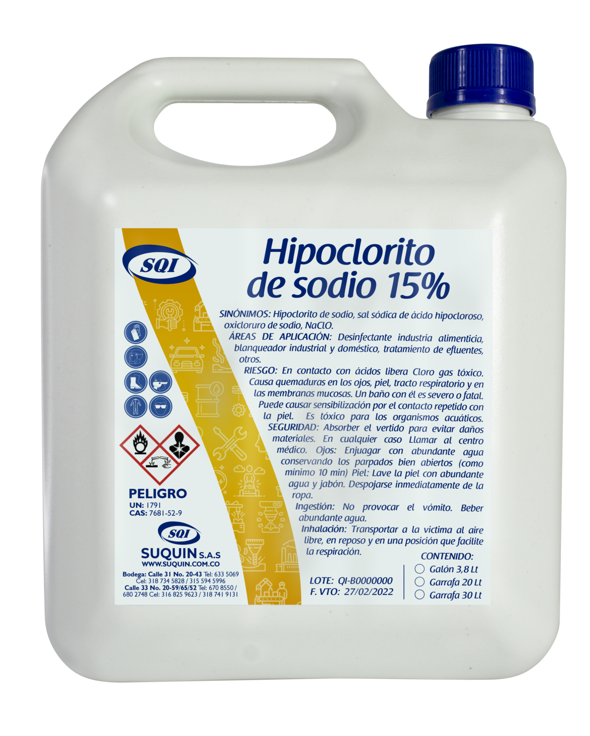 es una solución líquida altamente concentrada con potentes propiedades desinfectantes, oxidantes y blanqueadoras, ampliamente utilizada en las industrias alimentaria, textil, farmacéutica, cosmética, agrícola y de tratamiento de aguas. Su acción microbicida lo hace ideal para la desinfección de superficies, utensilios, equipos