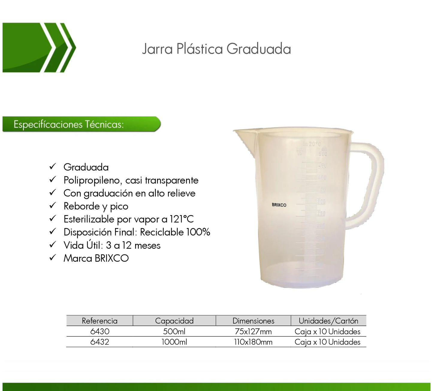 Jarra plástica graduada de polipropileno para laboratorio, resistente a químicos