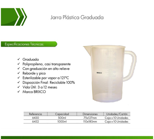 Jarra plástica graduada de polipropileno para laboratorio, resistente a químicos