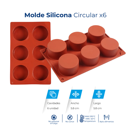 Molde de silicona circular con 6 cavidades para jabones, velas, chocolates, resina y manualidades.
