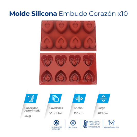 Molde de silicona con 10 cavidades en forma de corazón para jabones, velas, chocolates, gomitas, resina y manualidades.
