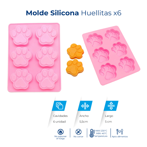 Molde de silicona con 6 cavidades en forma de huellitas para jabones, velas, chocolates, resina y manualidades.