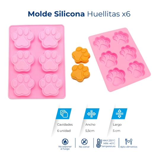 Molde de silicona con 6 cavidades en forma de huellitas para jabones, velas, chocolates, resina y manualidades.
