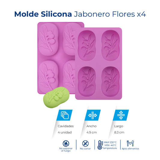 Molde de silicona jabonero con flores y 4 cavidades para jabones artesanales, velas, chocolates y resina.
