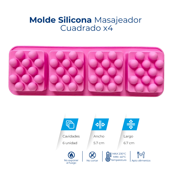 Molde de silicona masajeador cuadrado con 4 cavidades para jabones artesanales, barras sólidas, velas y manualidades.