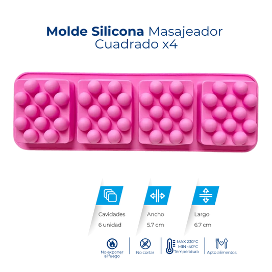 Molde de silicona masajeador cuadrado con 4 cavidades para jabones artesanales, barras sólidas, velas y manualidades.