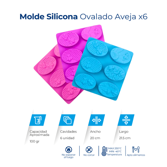 Molde de silicona ovalado con diseño de abeja y 6 cavidades para jabones, velas, chocolates, resina y manualidades.