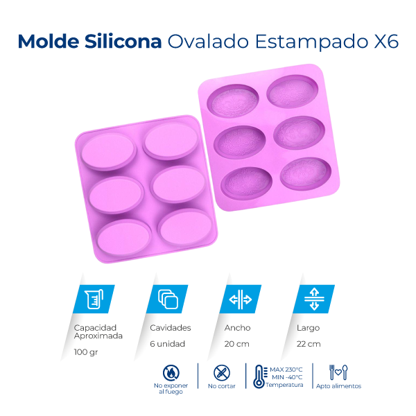Molde de silicona ovalado estampado con 6 cavidades para jabones, velas, chocolates, resina y manualidades.

