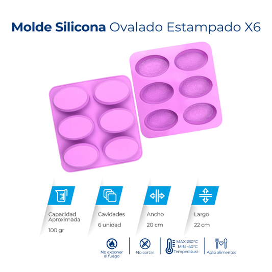 Molde de silicona ovalado estampado con 6 cavidades para jabones, velas, chocolates, resina y manualidades.
