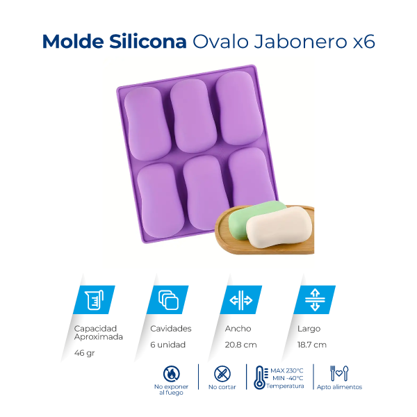 Molde de silicona ovalado jabonero con 6 cavidades para jabones artesanales, velas, chocolates y resina.
