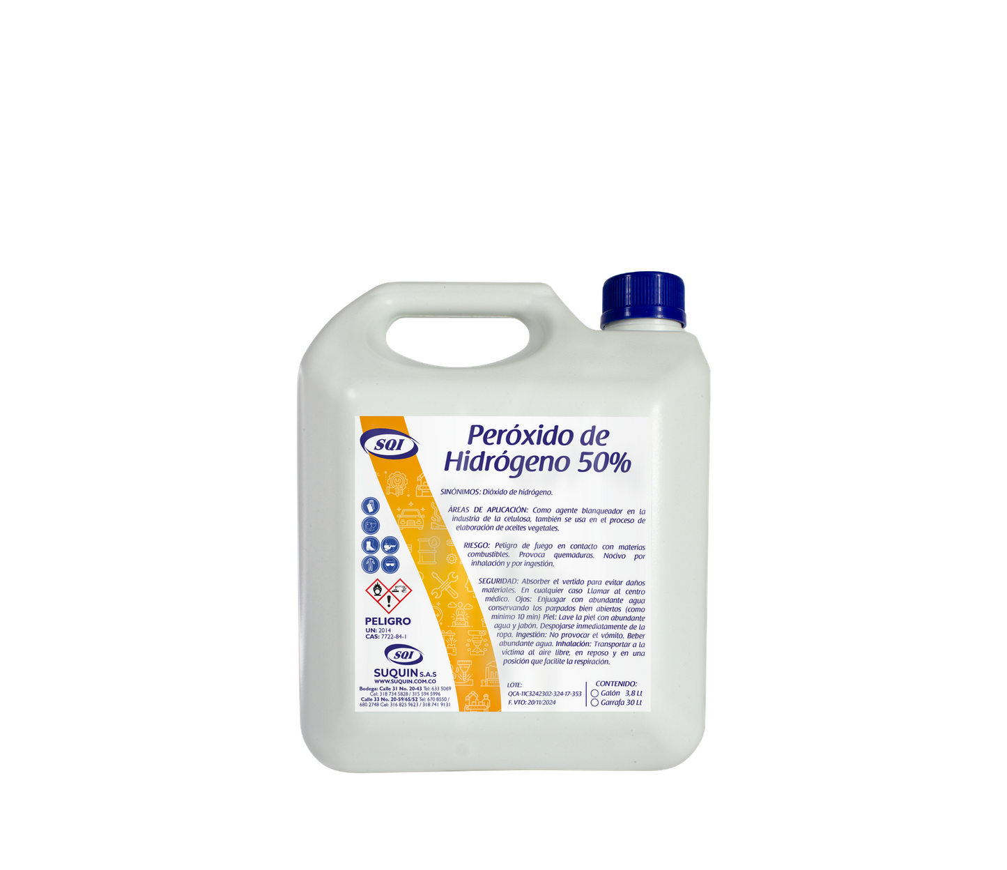 Peróxido de Hidrógeno 50% para tratamiento de aguas, desinfección, blanqueamiento y procesos industriales.
